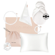 Подарунковий набір MON MOU® SOFT SILK SET white (наволочка, рушник-тюрбан,  рушник для обличчя, резинка об'ємна, резинка тонка, обруч, фірмовий бавовняний чохол, подарункова коробка, подарунковий пакет)