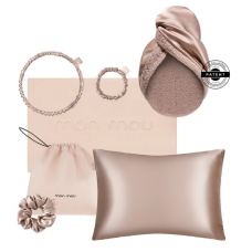 Подарунковий набір MON MOU® SOFT SILK SET beige (наволочка, рушник-тюрбан,  резинка об'ємна, резинка тонка, обруч, фірмовий бавовняний чохол, подарункова коробка, подарунковий пакет)