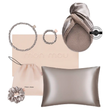 Подарунковий набір MON MOU® SOFT SILK SET taupe (наволочка, рушник-тюрбан,  резинка об'ємна, резинка тонка, обруч, фірмовий бавовняний чохол, подарункова коробка, подарунковий пакет)